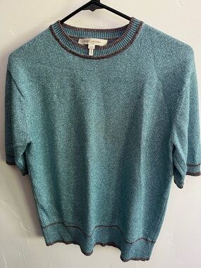 Marc Jacobs Teal Crewneck Short-Sleeve Knit with Brown Trim